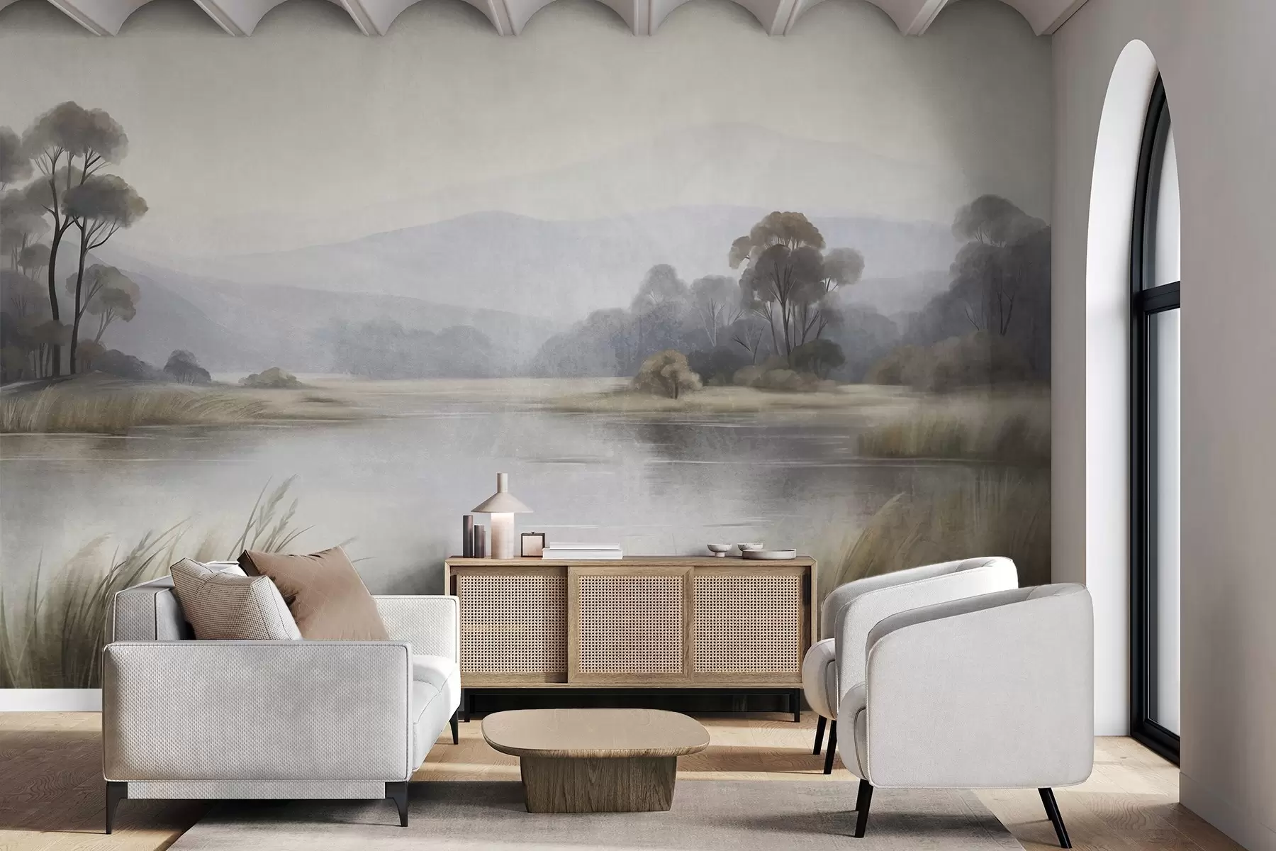 wall murals Textured landscape with a lake, tall grasses, trees and mountains in the background w09983