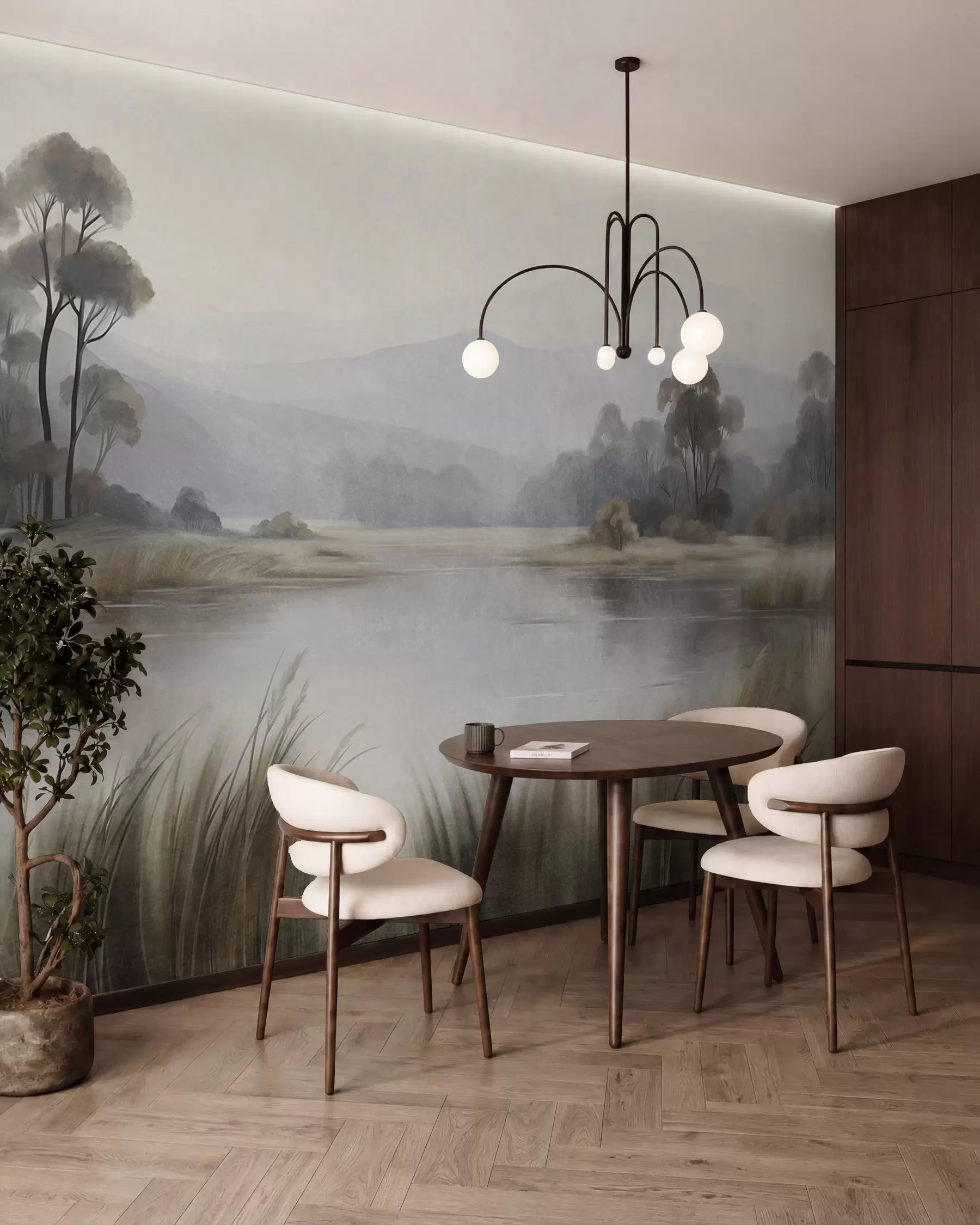 wall murals Textured landscape with a lake, tall grasses, trees and mountains in the background w09983