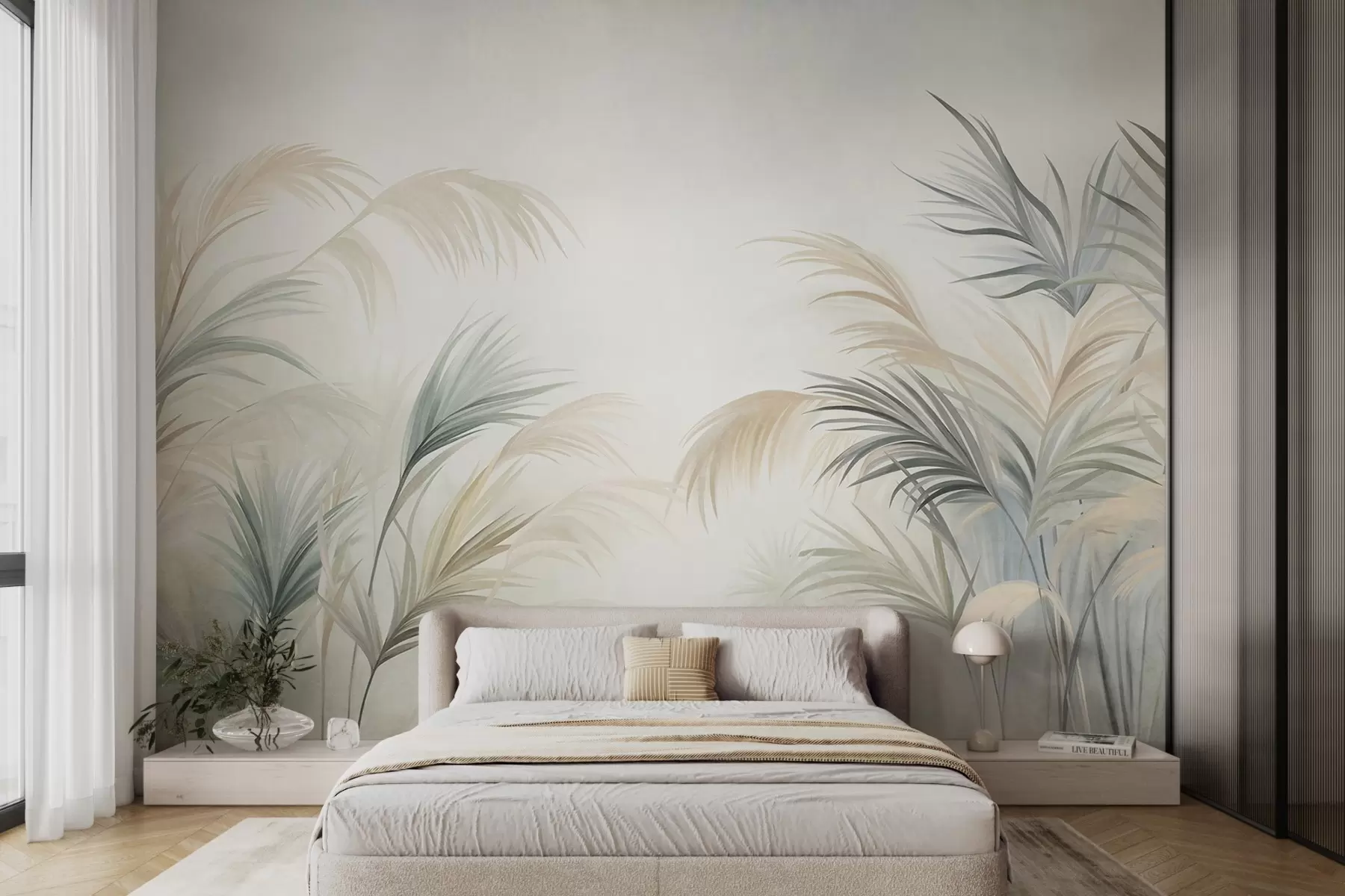peintures murales De grandes plantes aux teintes discrètes de beige, de vert et de gris, sur un fond à la texture douce w09984