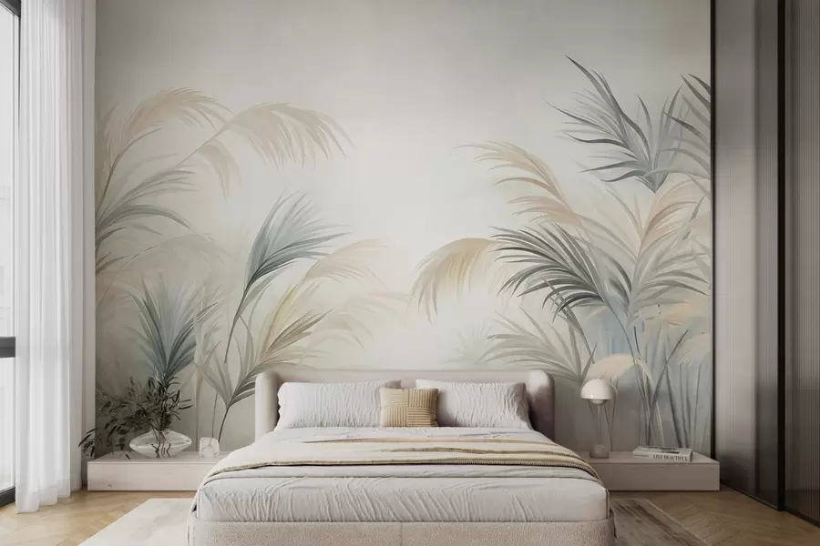 Wall Mural Photo Wallpaper Tall plants in muted tones of beige, green, and grey against a soft textured background w09984