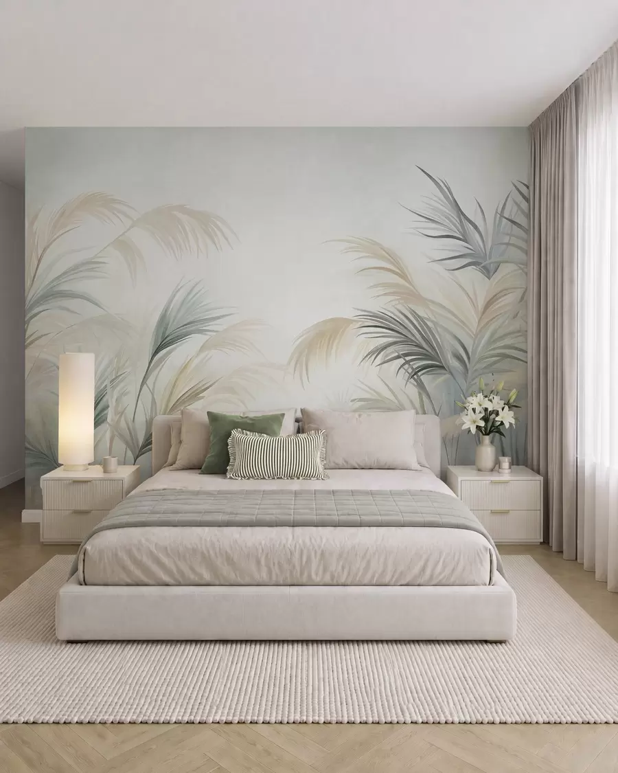 peintures murales De grandes plantes aux teintes discrètes de beige, de vert et de gris, sur un fond à la texture douce w09984