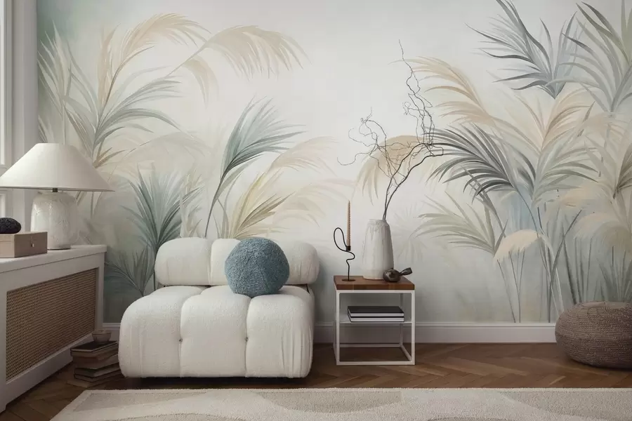 Wall Mural Photo Wallpaper Tall plants in muted tones of beige, green, and grey against a soft textured background w09984