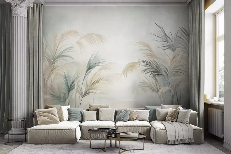 peintures murales De grandes plantes aux teintes discrètes de beige, de vert et de gris, sur un fond à la texture douce w09984