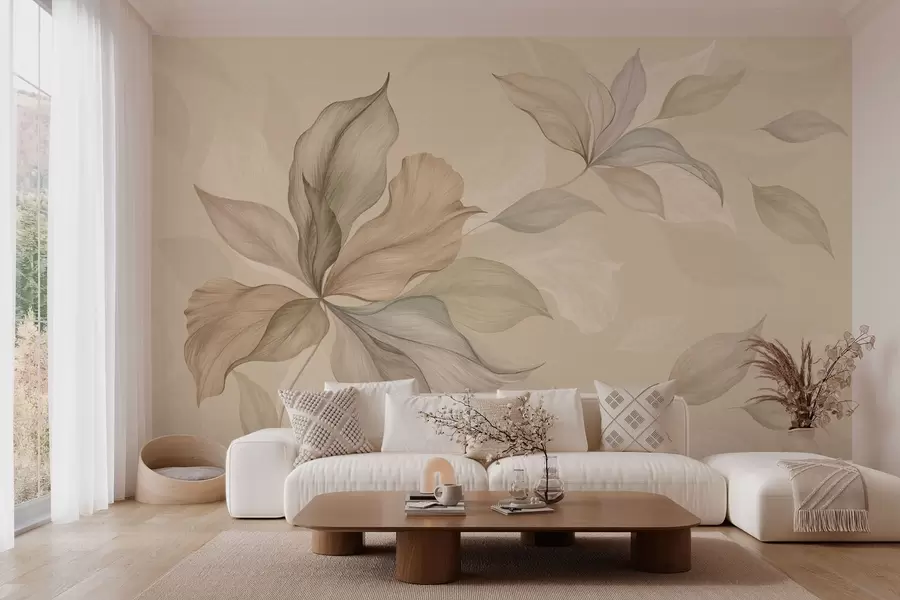 peintures murales De grandes feuilles décoratives sur un fond aux teintes chaudes w05733