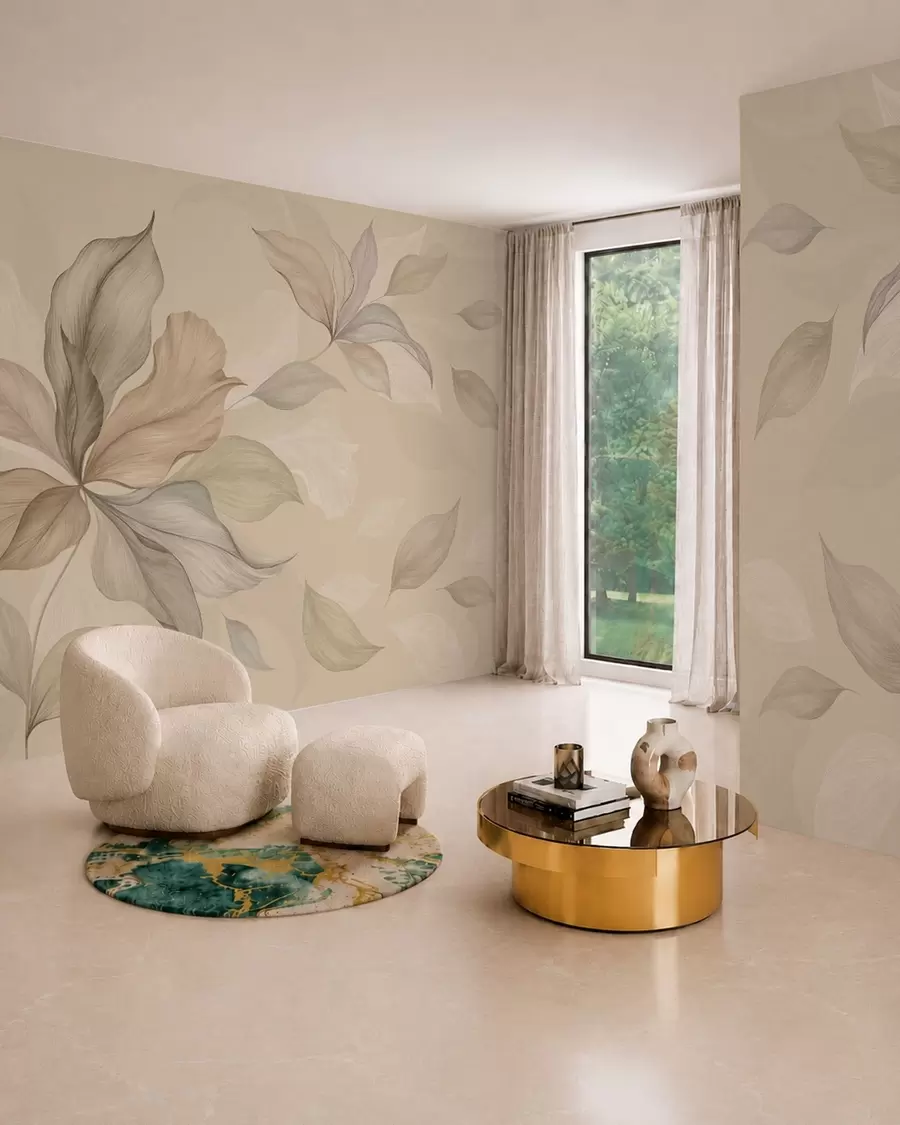 peintures murales De grandes feuilles décoratives sur un fond aux teintes chaudes w05733