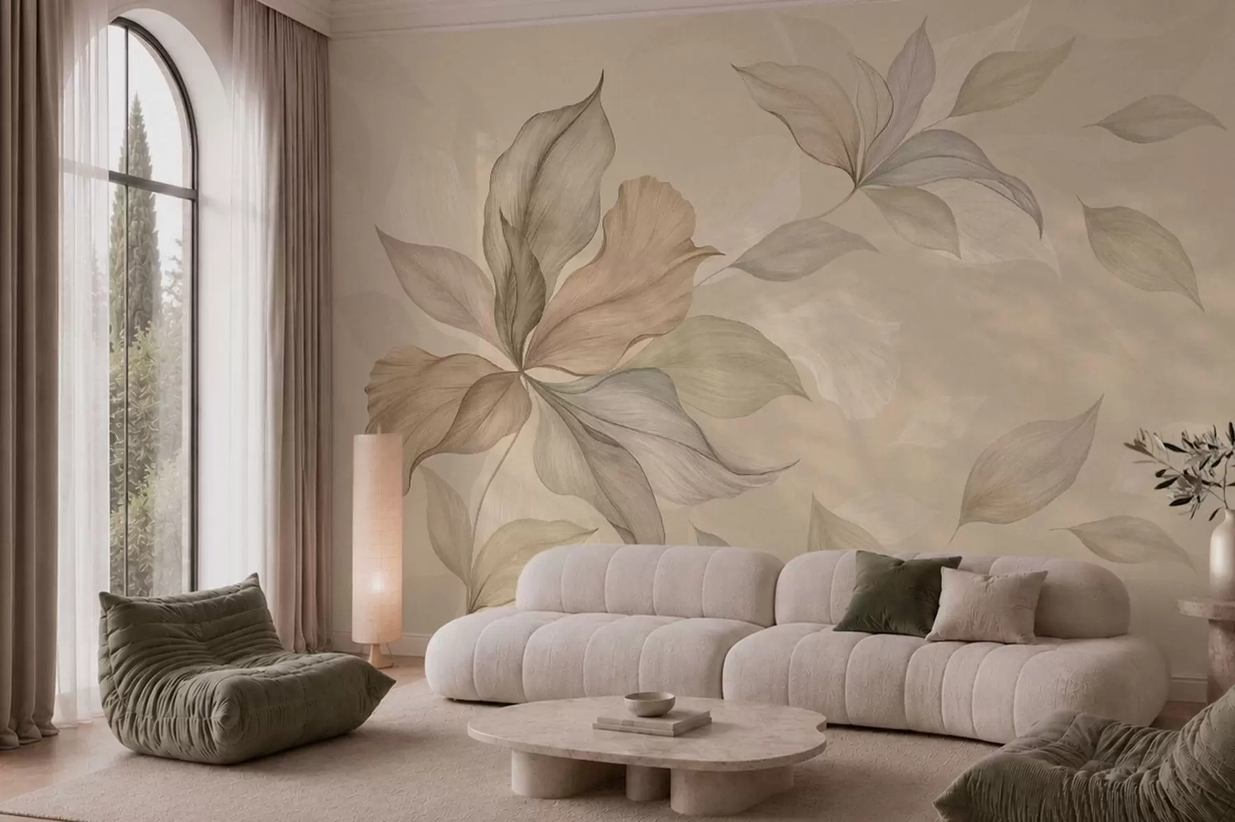 peintures murales De grandes feuilles décoratives sur un fond aux teintes chaudes w05733