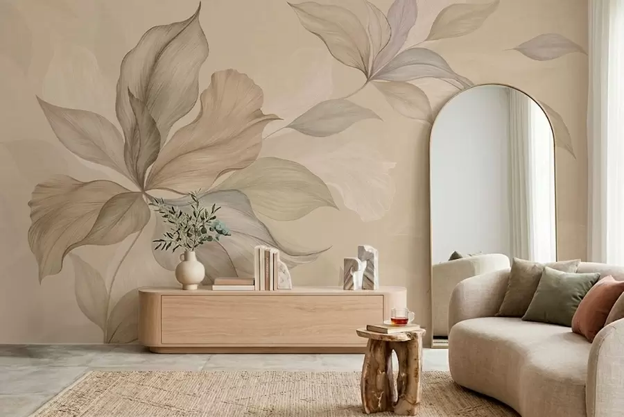peintures murales De grandes feuilles décoratives sur un fond aux teintes chaudes w05733