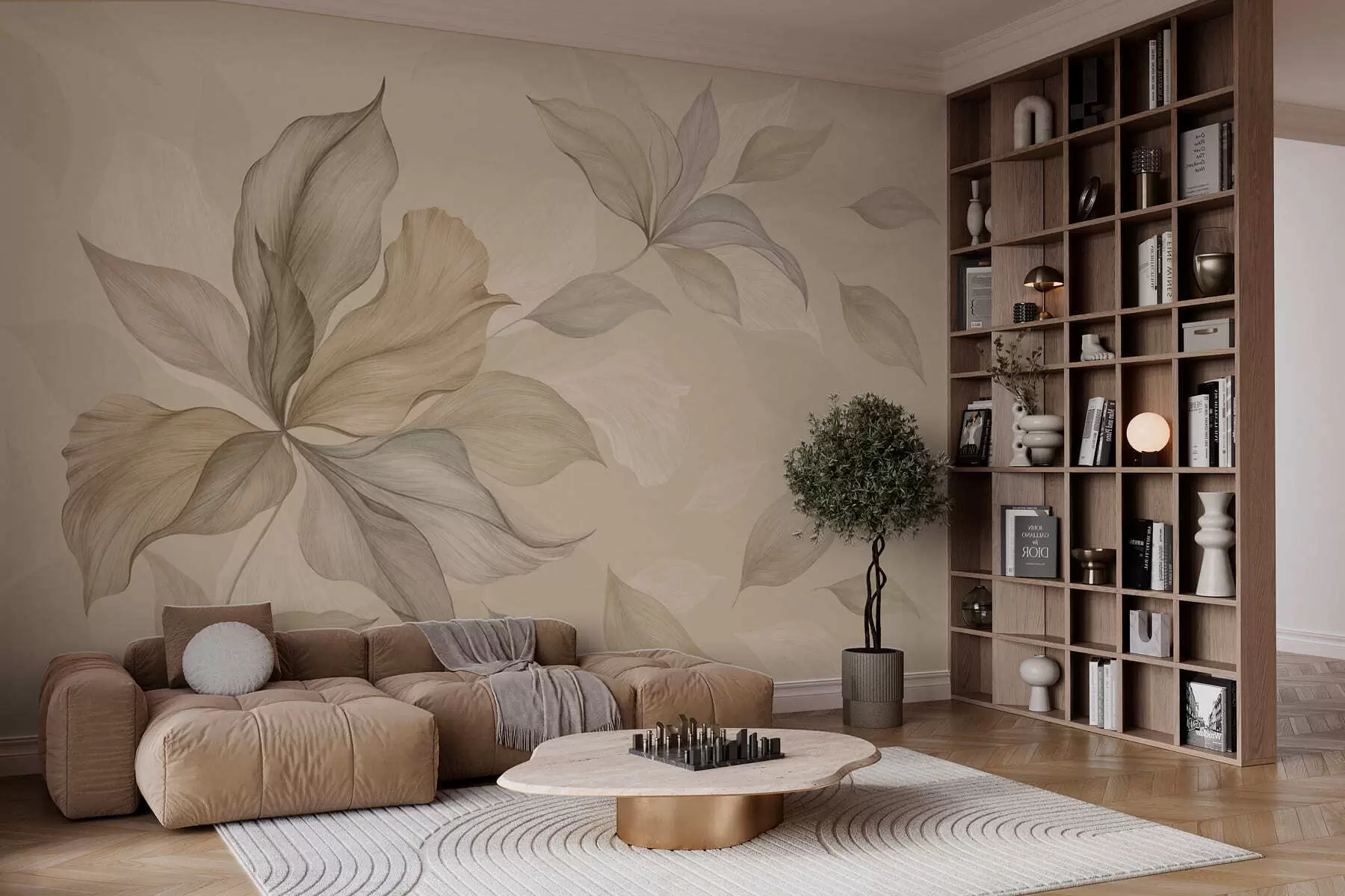 peintures murales De grandes feuilles décoratives sur un fond aux teintes chaudes w05733