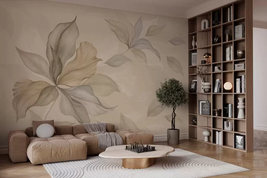 peintures murales De grandes feuilles décoratives sur un fond aux teintes chaudes w05733