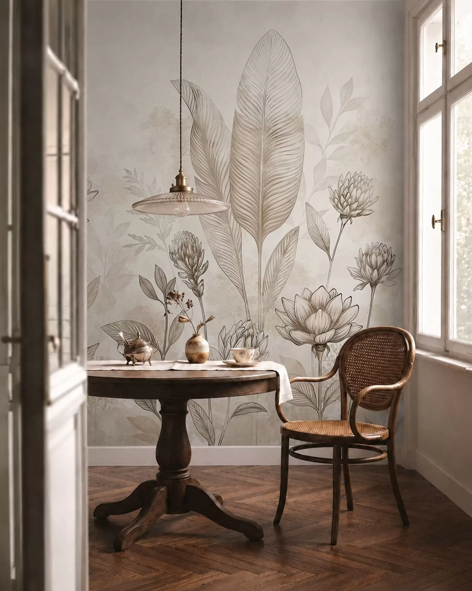 peintures murales Composition botanique avec des fleurs et des feuilles w05802