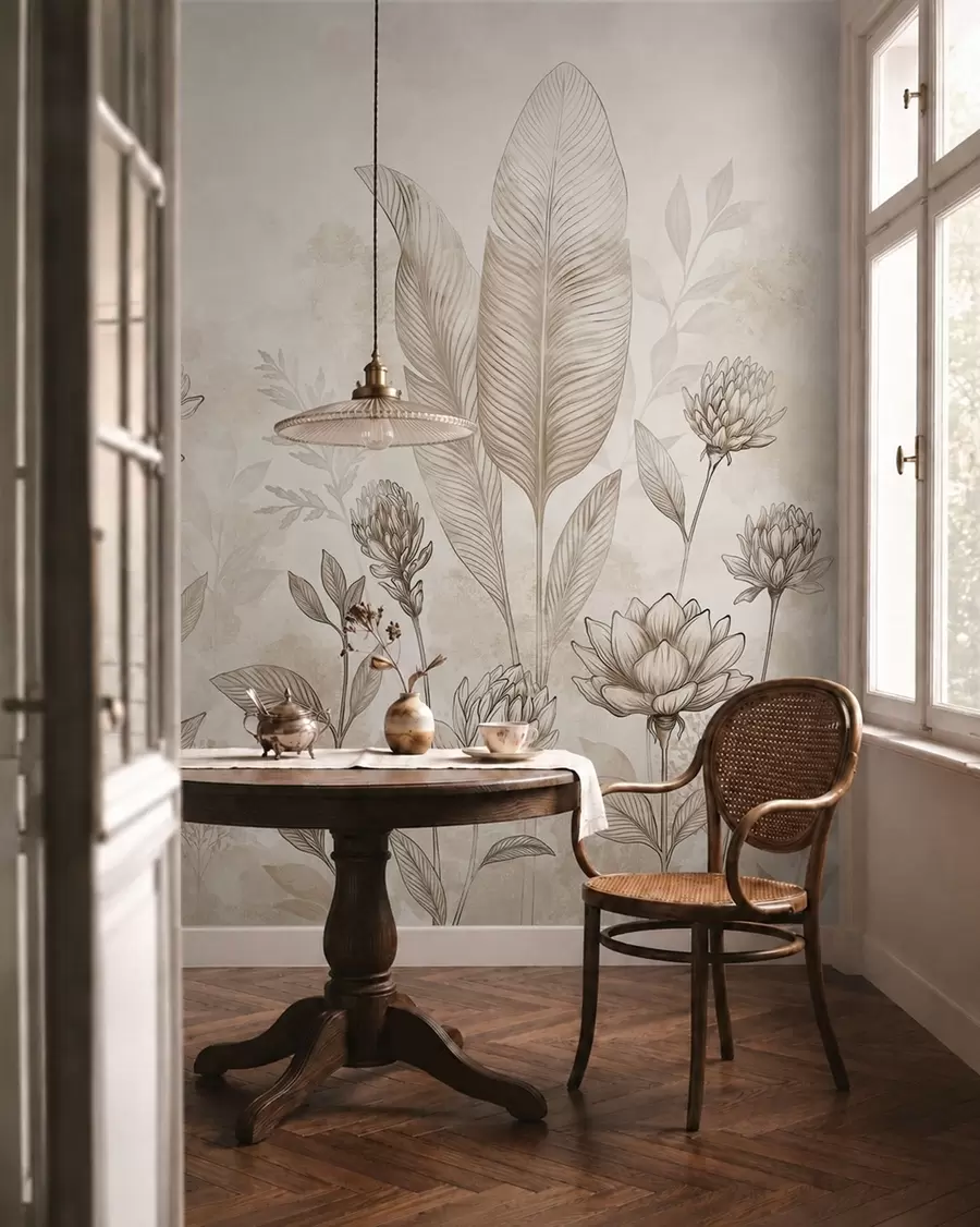 peintures murales Composition botanique avec des fleurs et des feuilles w05802