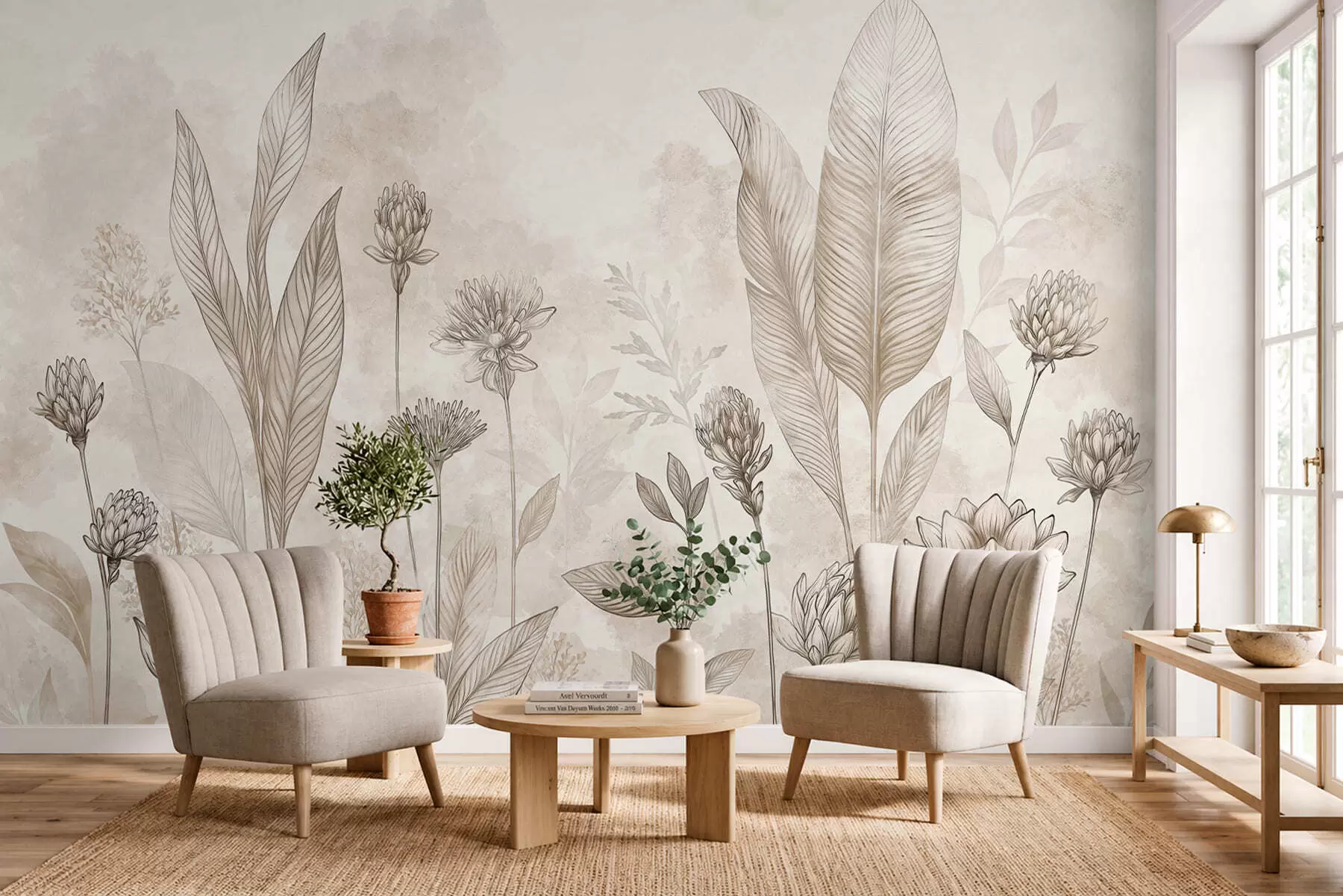 murales Composición botánica con flores y hojas w05802