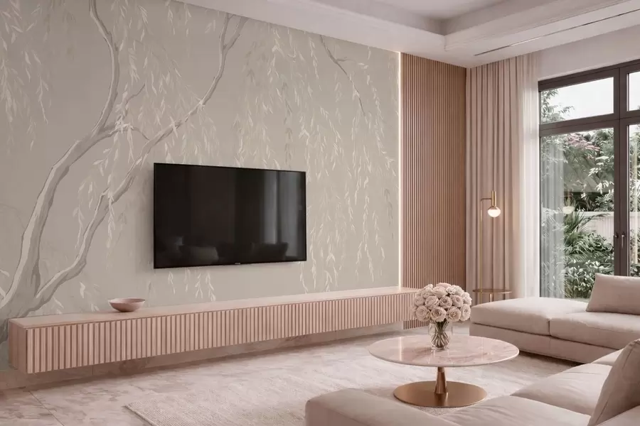 peintures murales Des branches claires aux feuilles blanches sur un fond chaud w05812v2