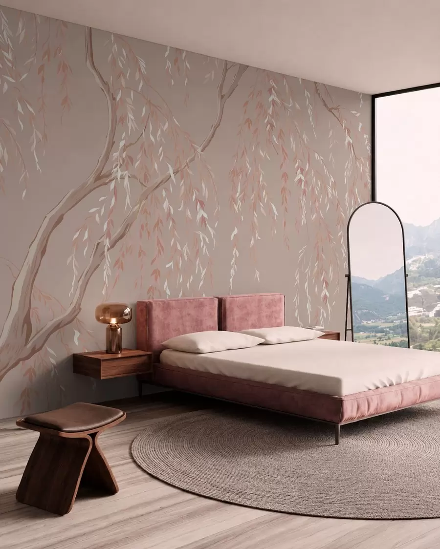 murales Ramas de color rosa pálido con hojas claras w05812v3