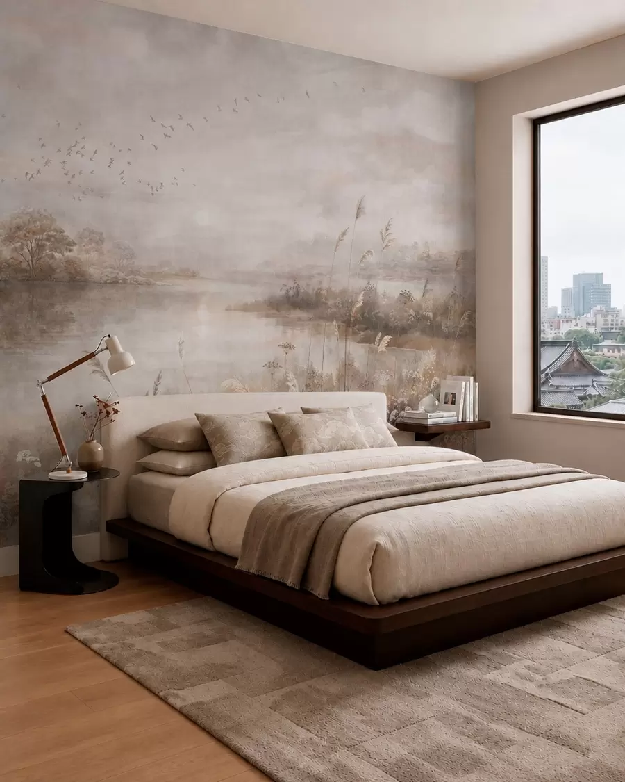 wall murals Misty lakeside landscape with wildflowers w05813