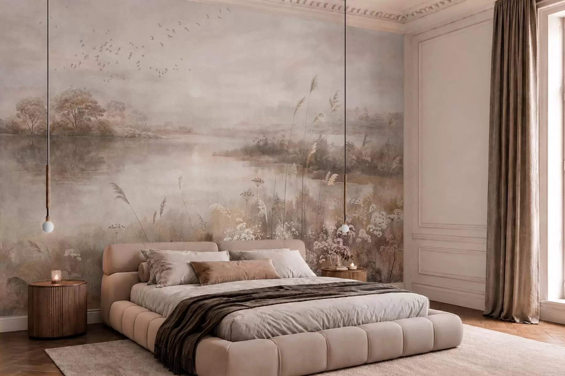 Wall Mural Photo Wallpaper Misty lakeside landscape with wildflowers w05813
