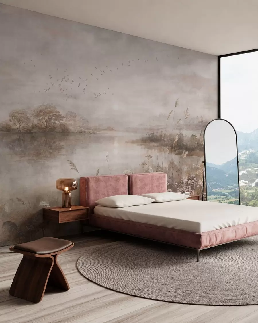 wall murals Misty lakeside landscape with wildflowers w05813