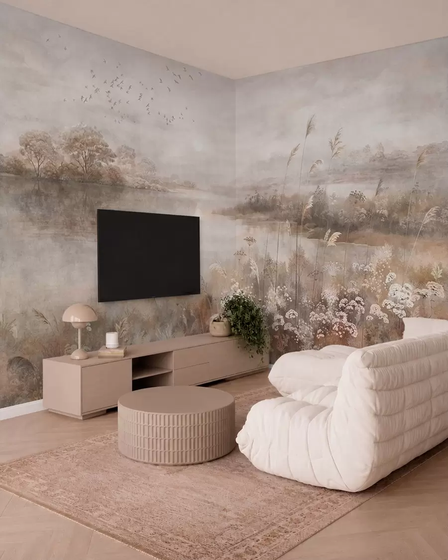 peintures murales Paysage brumeux au bord d'un lac, parsemé de fleurs sauvages w05813