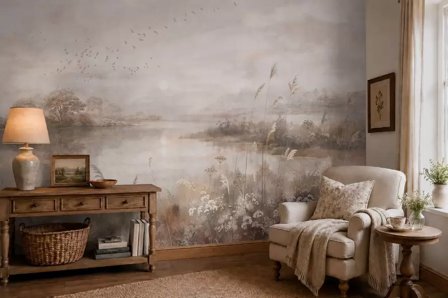 wall murals Misty lakeside landscape with wildflowers w05813