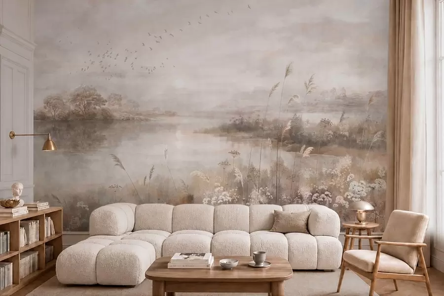 wall murals Misty lakeside landscape with wildflowers w05813