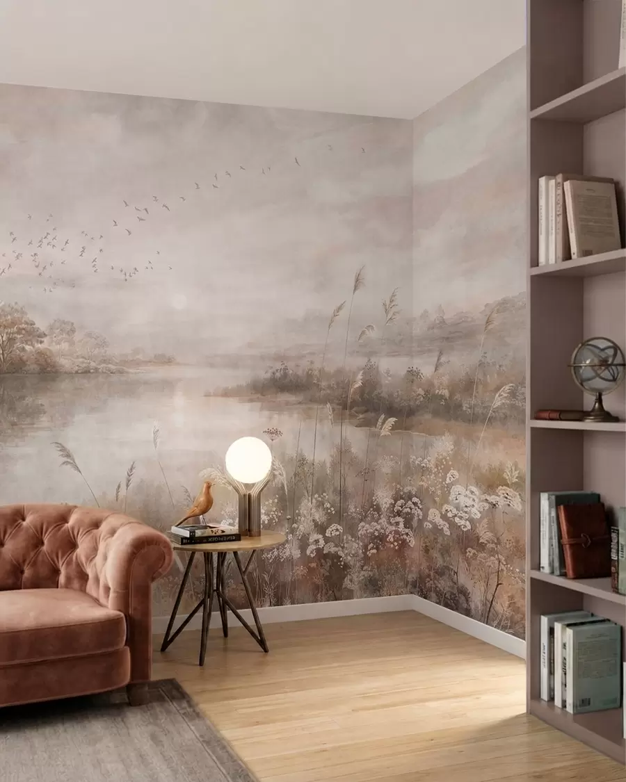 peintures murales Paysage brumeux au bord d'un lac, parsemé de fleurs sauvages w05813