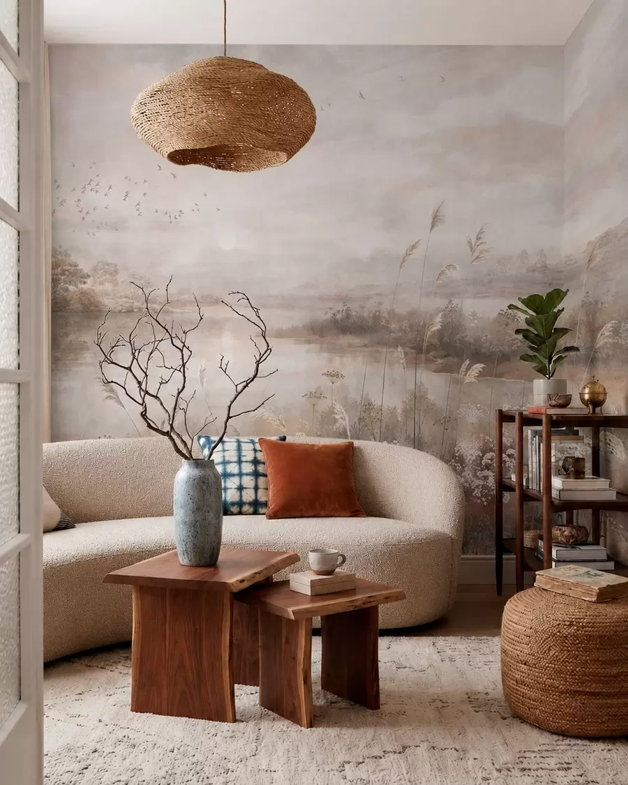 wall murals Misty lakeside landscape with wildflowers w05813