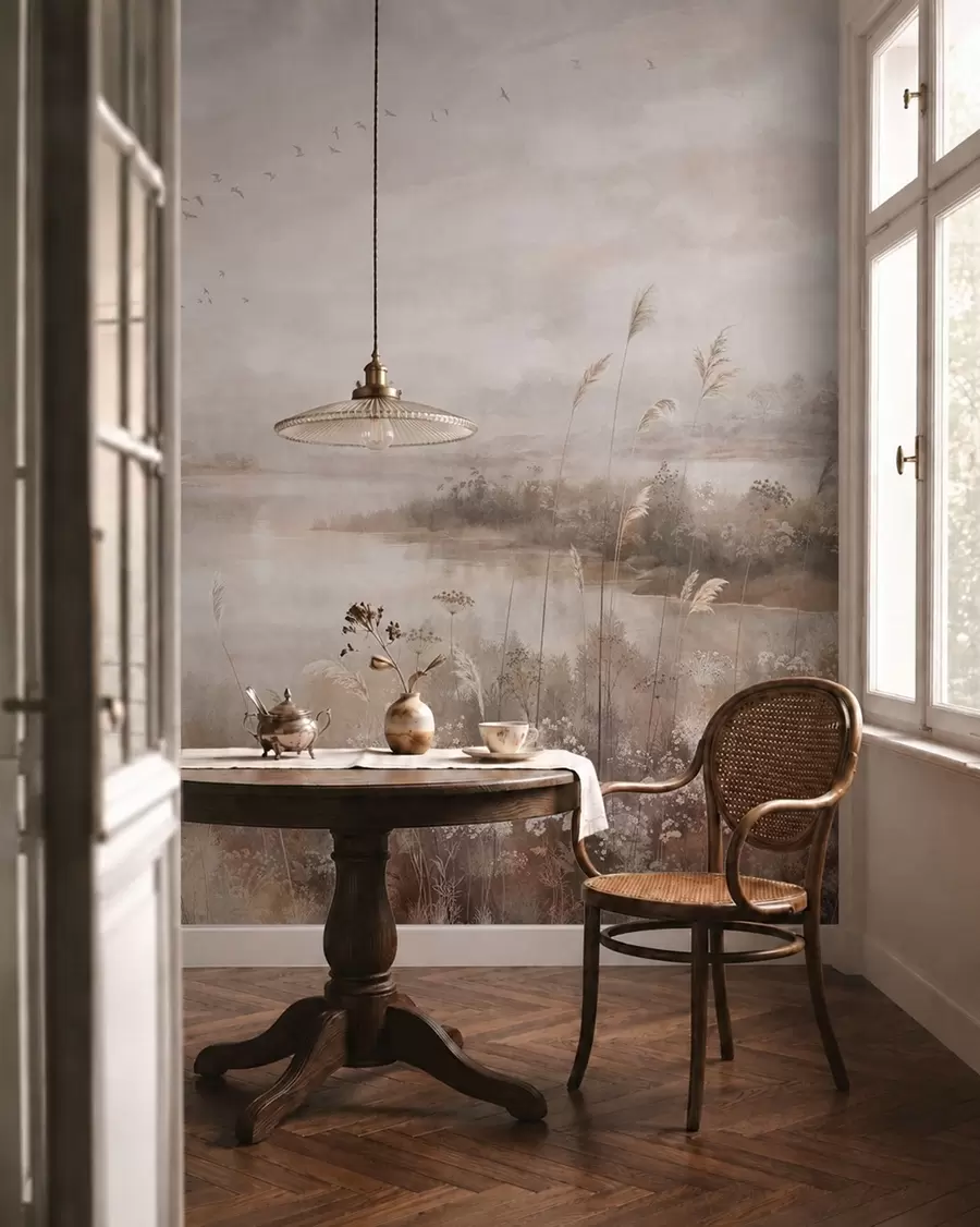 wall murals Misty lakeside landscape with wildflowers w05813