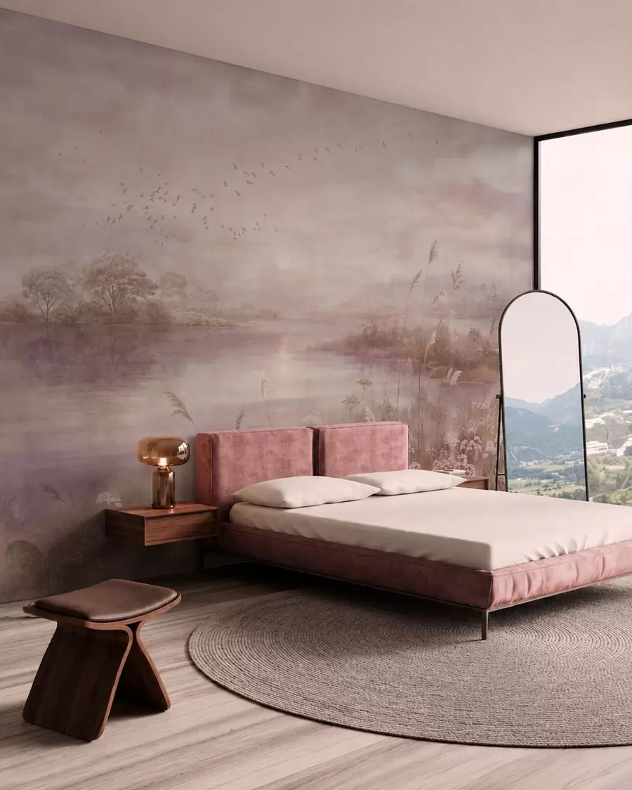 peintures murales Lac aux reflets roses parsemé de fleurs sauvages w05813v1