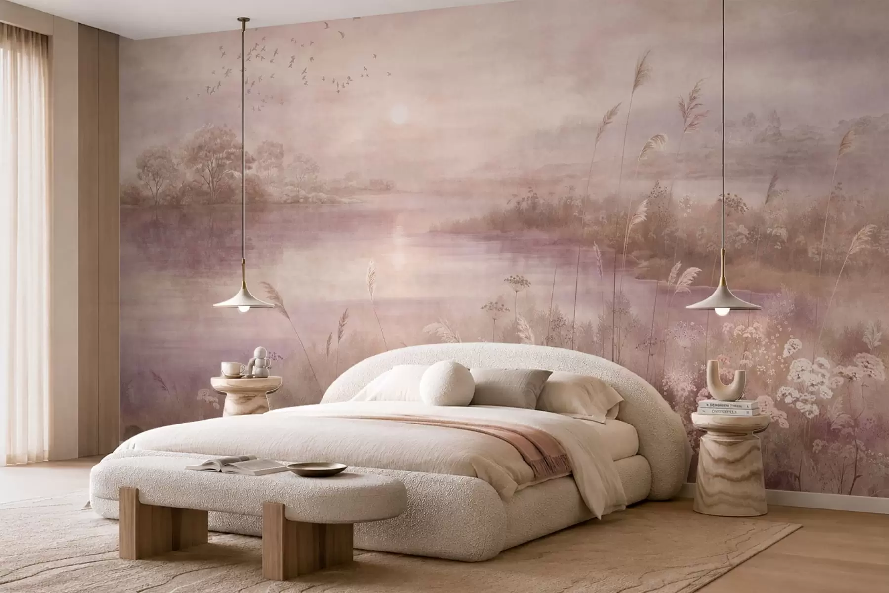 wall murals Pink toned lake with wildflowers w05813v1