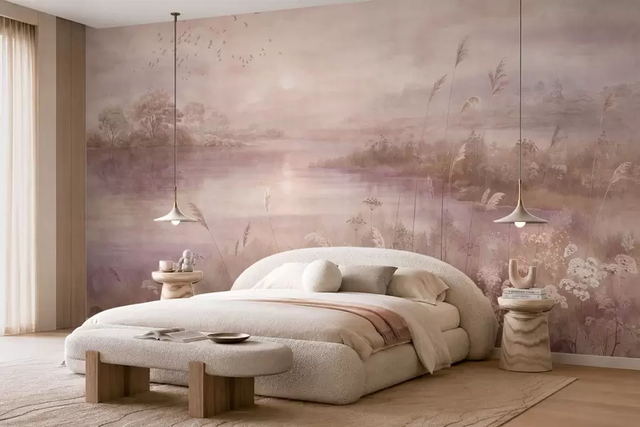 wall murals Pink toned lake with wildflowers w05813v1