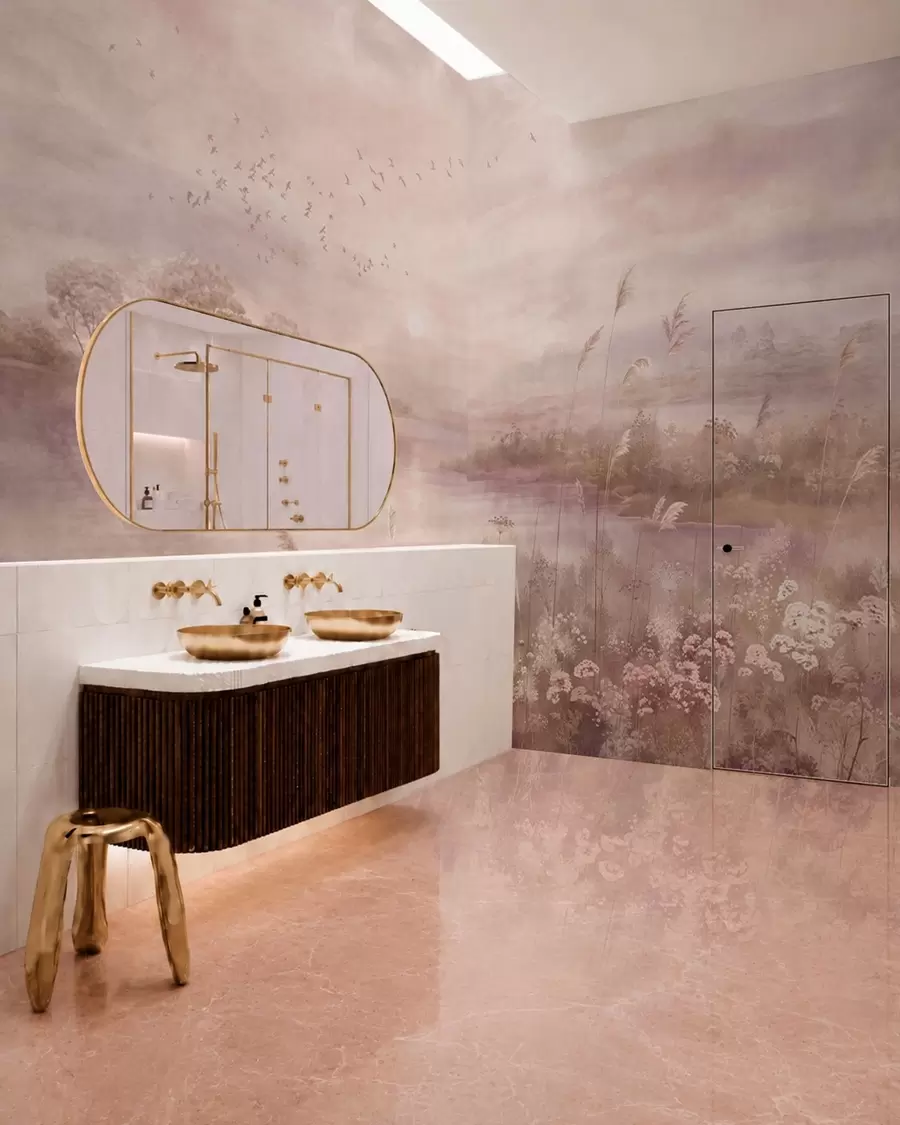 Wall Mural Photo Wallpaper Pink toned lake with wildflowers w05813v1