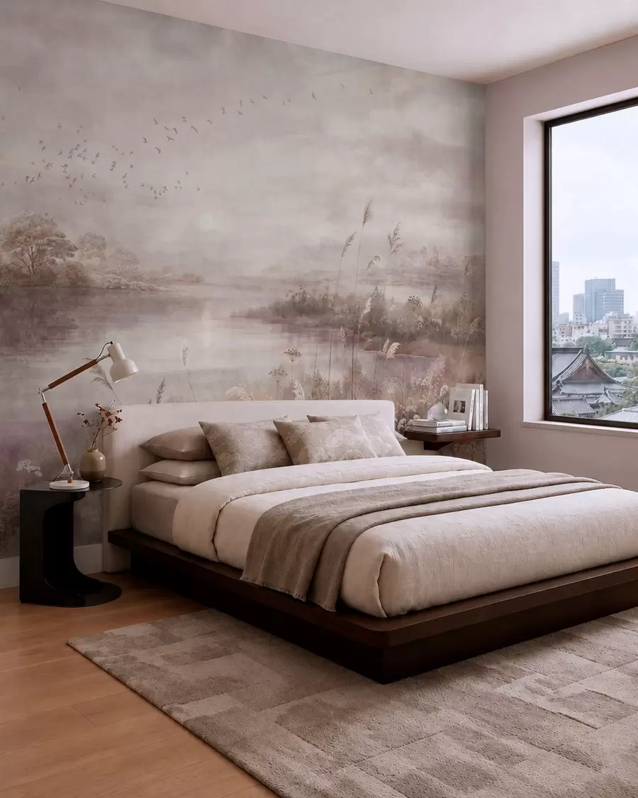 wall murals Calm lake in soft lilac tones w05813v2