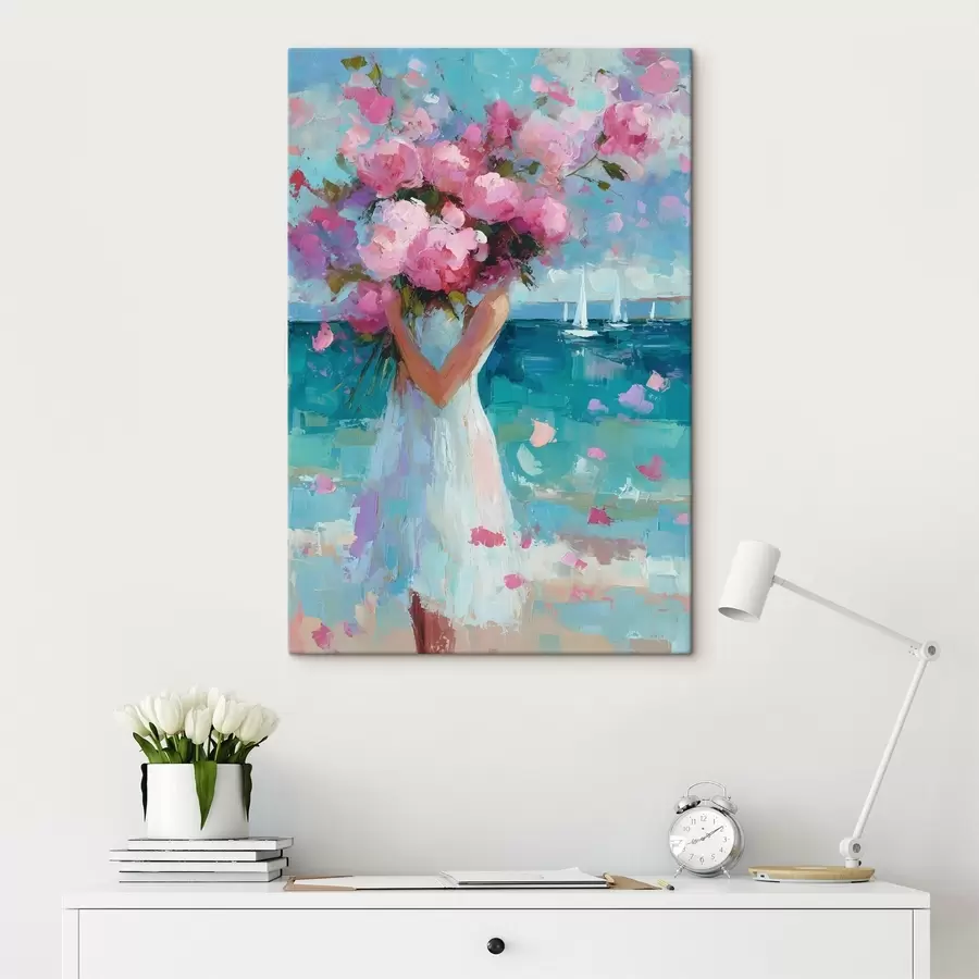 wall murals A girl with peonies against a seascape, painted in the impasto style s49937