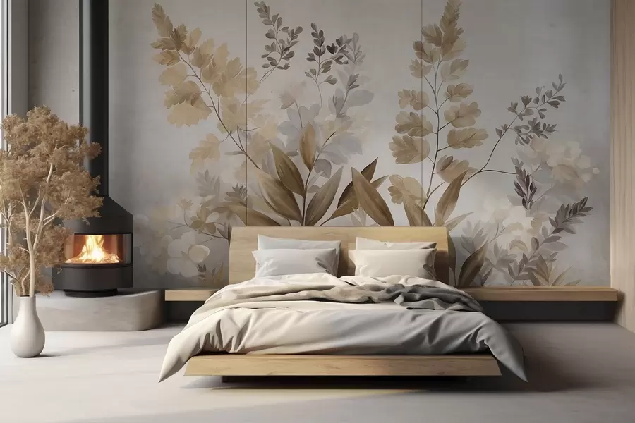 peintures murales Art botanique texturé, diverses plantes et feuilles dans des tons de marron et de beige w09979