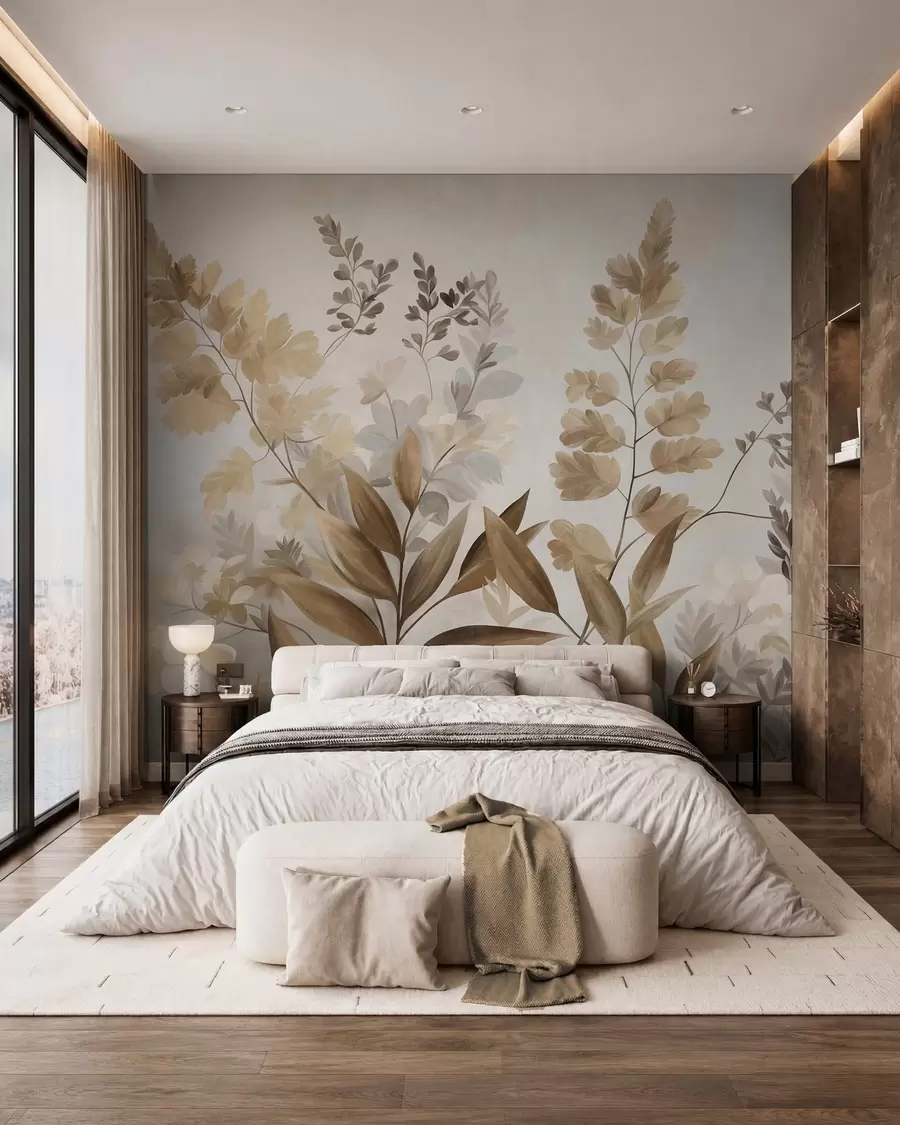 murales Arte botánico con textura, diversas plantas y hojas en tonos marrones y beige w09979