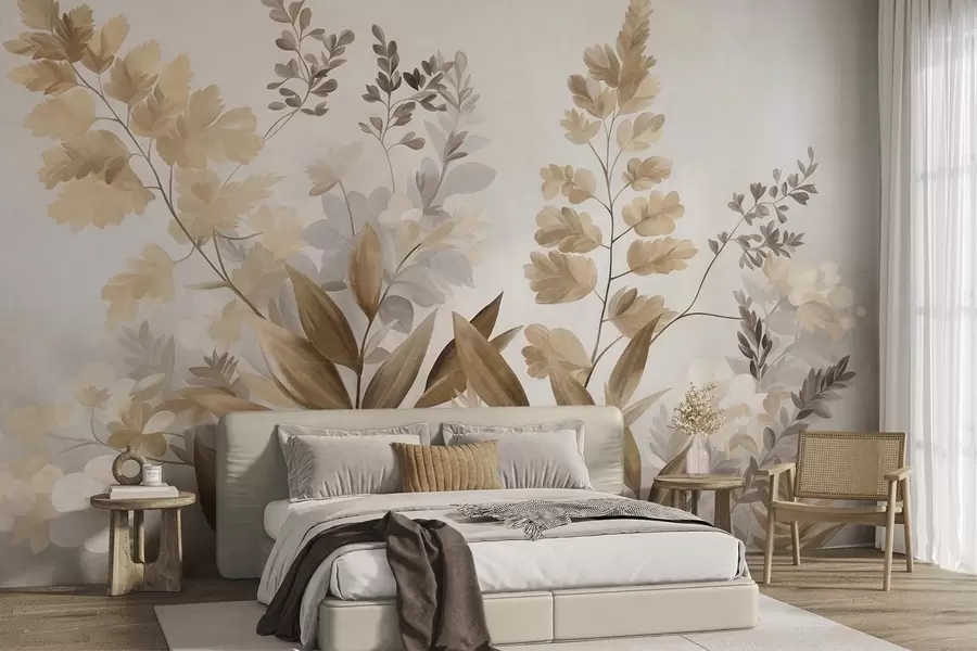 wall murals Textured botanical art, various plants and leaves in shades of brown and beige w09979