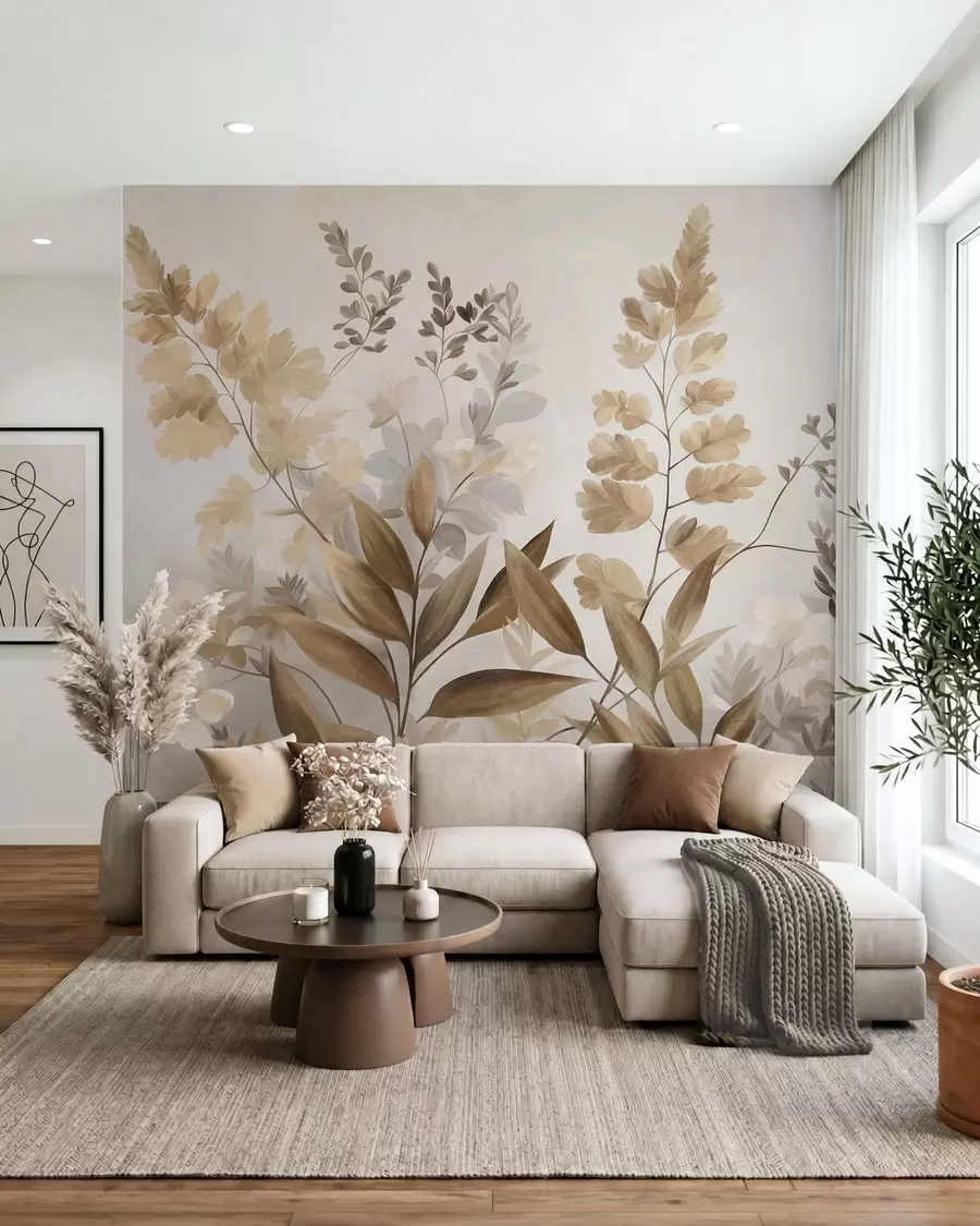 wall murals Textured botanical art, various plants and leaves in shades of brown and beige w09979