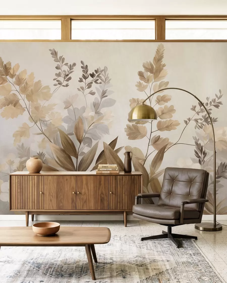 peintures murales Art botanique texturé, diverses plantes et feuilles dans des tons de marron et de beige w09979