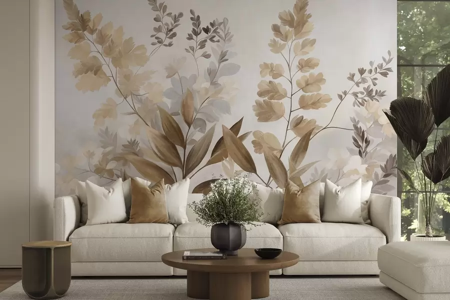 Wall Mural Photo Wallpaper Textured botanical art, various plants and leaves in shades of brown and beige w09979