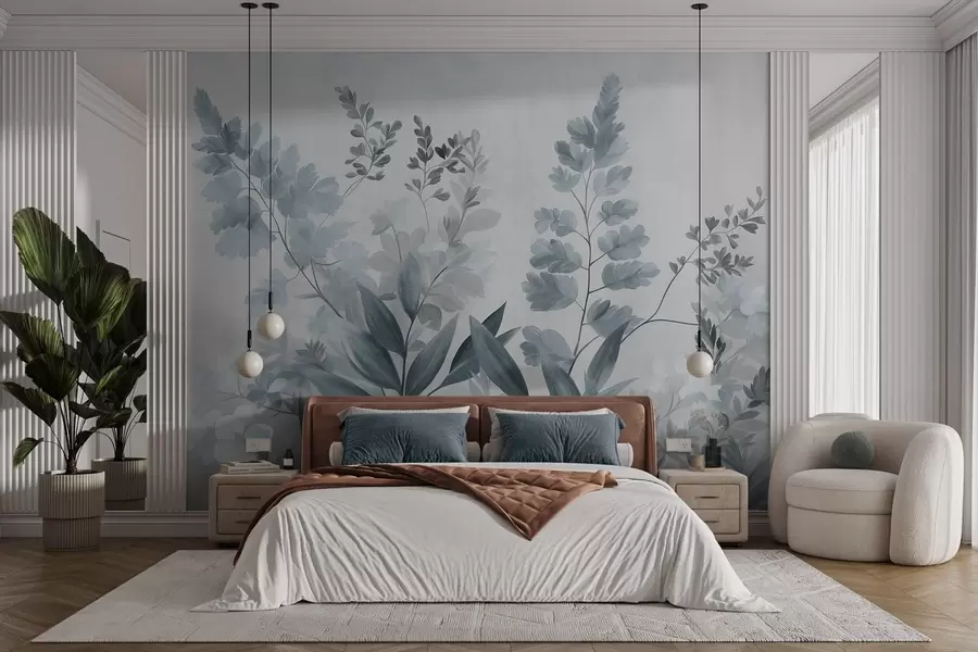 peintures murales Art botanique texturé, diverses plantes et feuilles dans des tons de bleu et de gris w09979v1