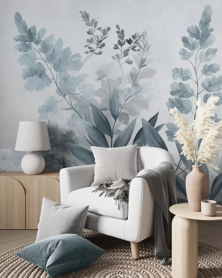 murales Arte botánico con textura, diversas plantas y hojas en tonos azules y grises w09979v1