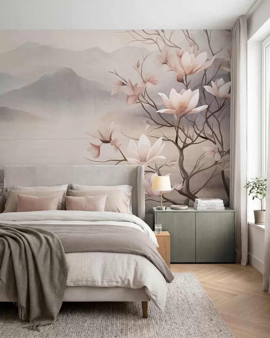 peintures murales Des montagnes et des branches de magnolia roses en fleurs, un paysage riche en textures w10013