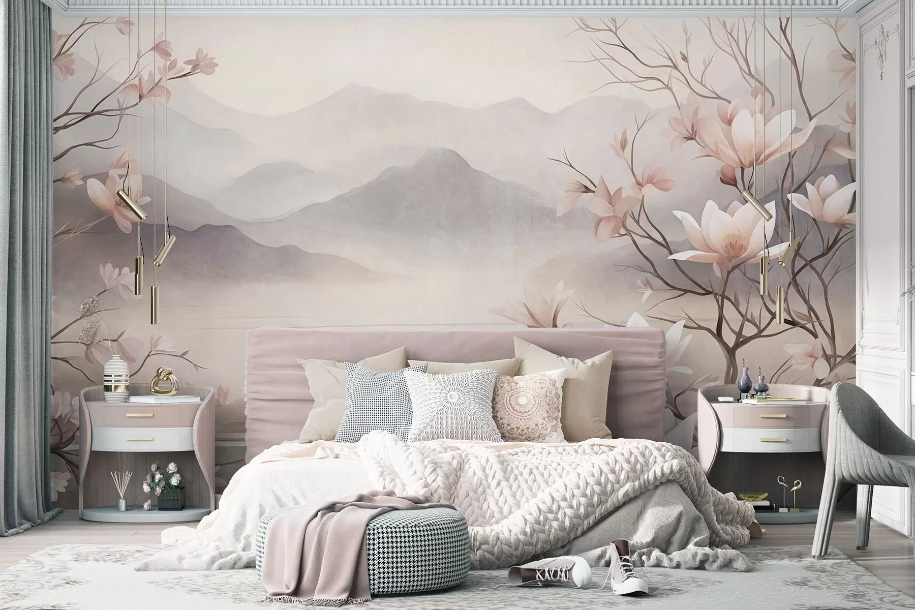 murales Montañas y ramas de magnolia en flor de color rosa, paisaje con textura w10013