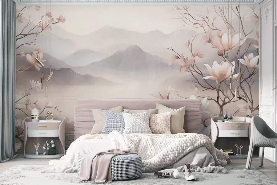 Wall Mural Photo Wallpaper Mountains and blooming pink magnolia branches, textured landscape w10013