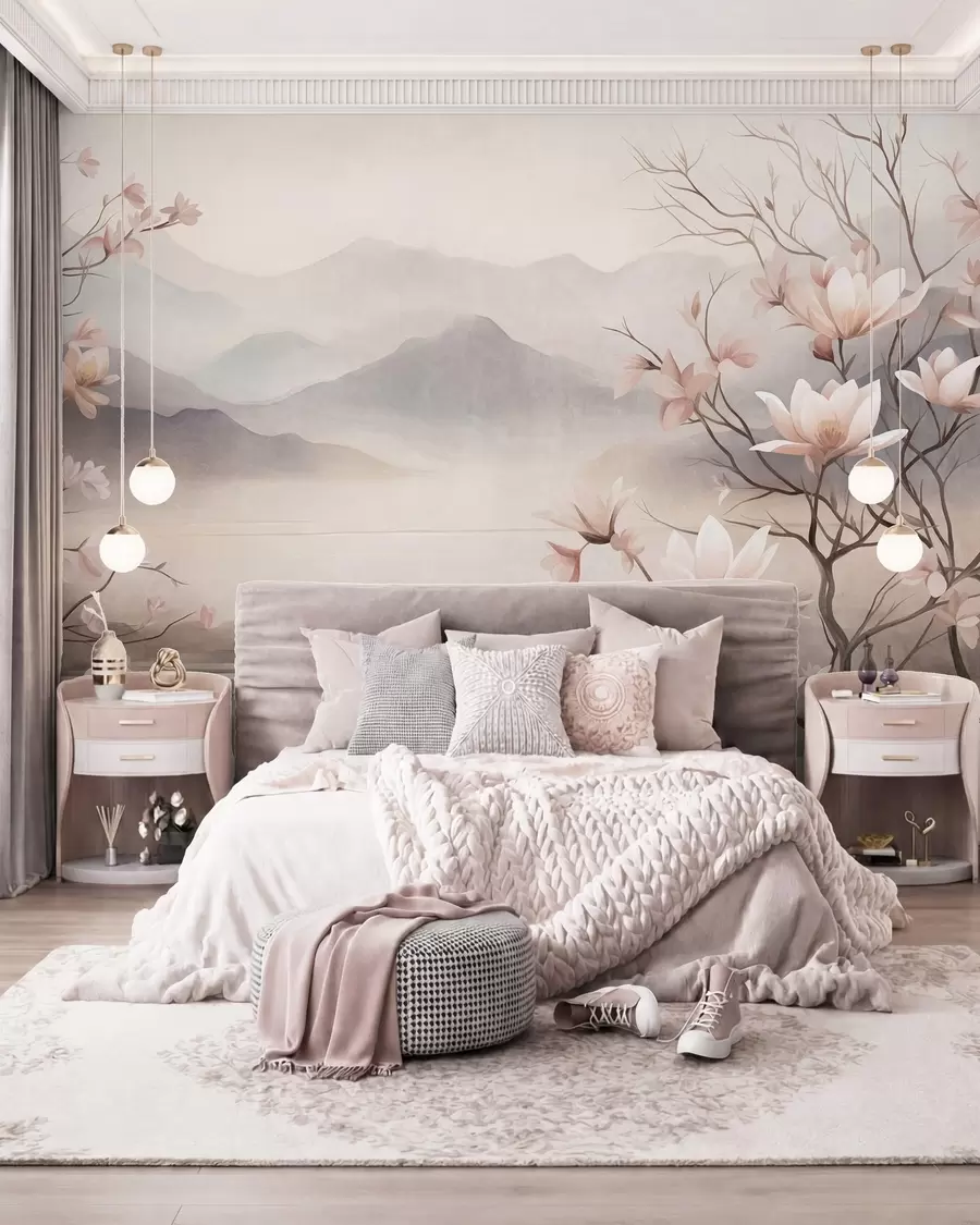 Wall Mural Photo Wallpaper Mountains and blooming pink magnolia branches, textured landscape w10013