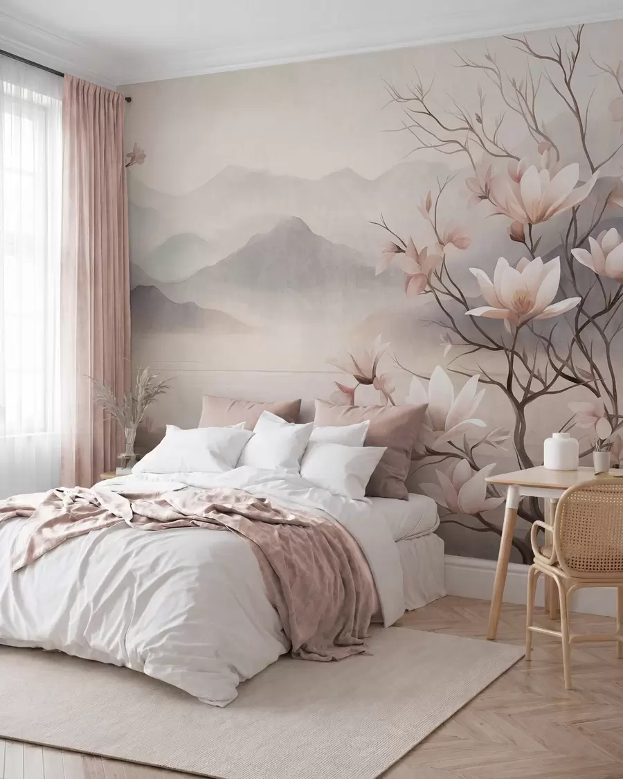 peintures murales Des montagnes et des branches de magnolia roses en fleurs, un paysage riche en textures w10013