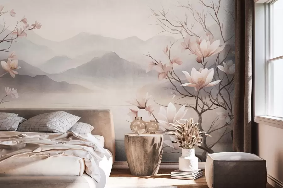 Wall Mural Photo Wallpaper Mountains and blooming pink magnolia branches, textured landscape w10013