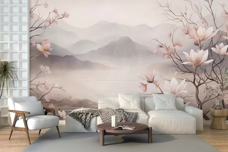 Wall Mural Photo Wallpaper Mountains and blooming pink magnolia branches, textured landscape w10013