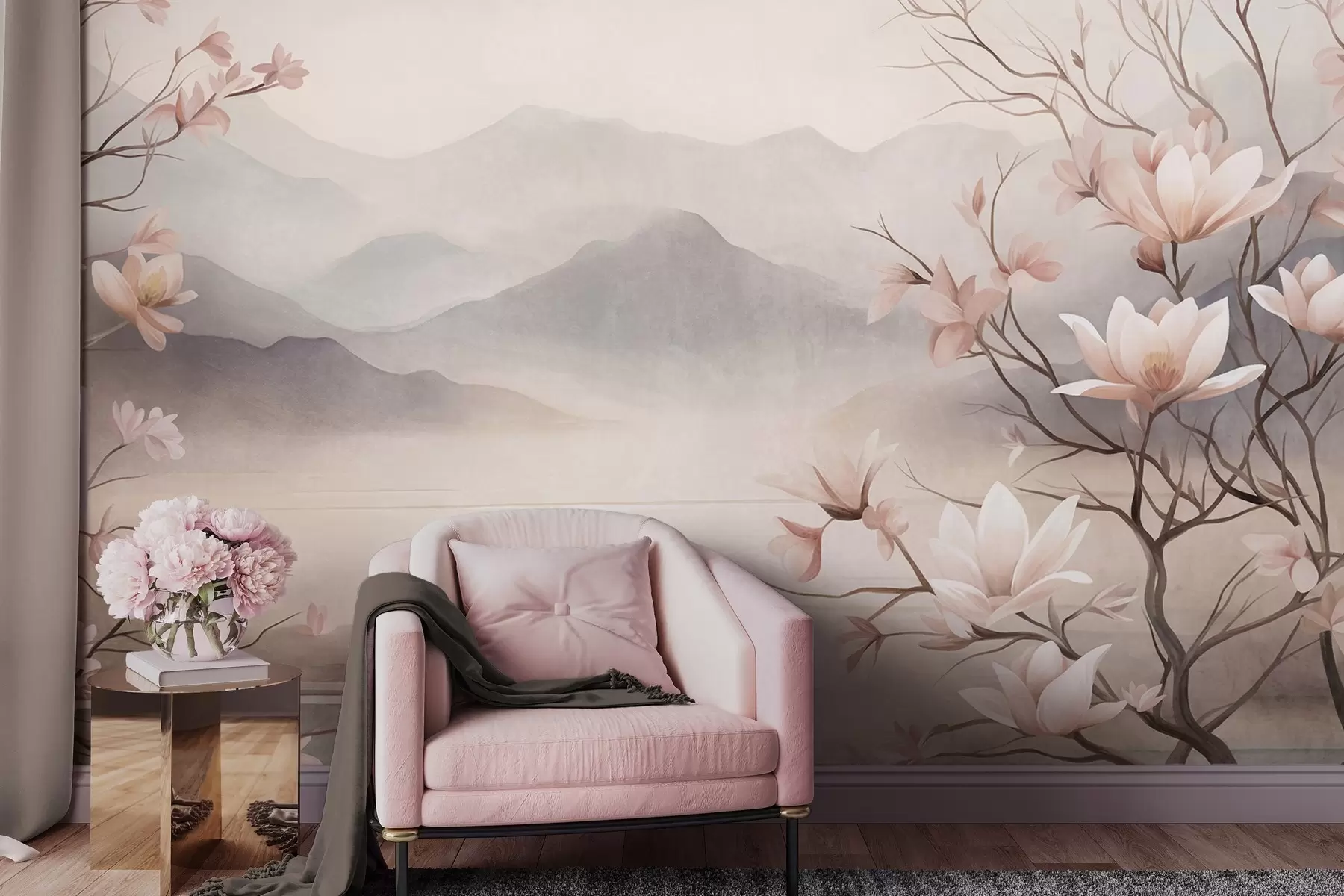 peintures murales Des montagnes et des branches de magnolia roses en fleurs, un paysage riche en textures w10013