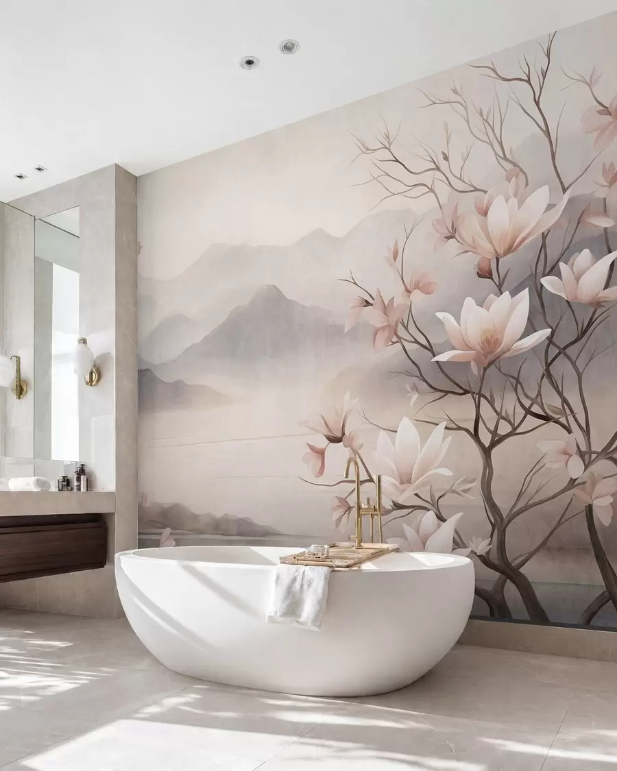 wall murals Mountains and blooming pink magnolia branches, textured landscape w10013